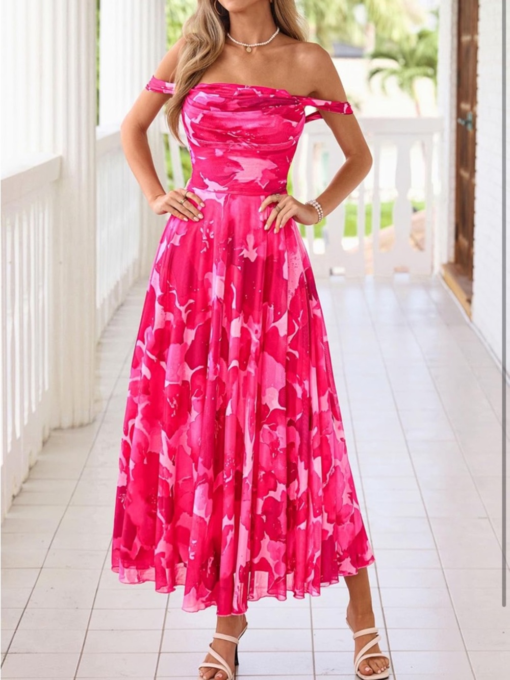 Off-Shoulder Fuchsia Floral Maxi Dress - Picture 6 of 9